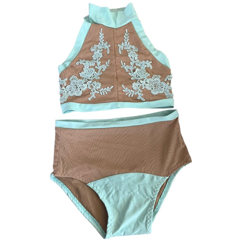 Bendy Brand mint lace nude mesh set high neck halter open back high waist M